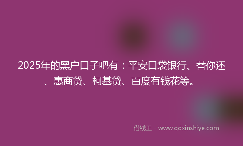 2025年的黑户口子吧有：平安口袋银行、替你还、惠商贷、柯基贷、百度有钱花等。