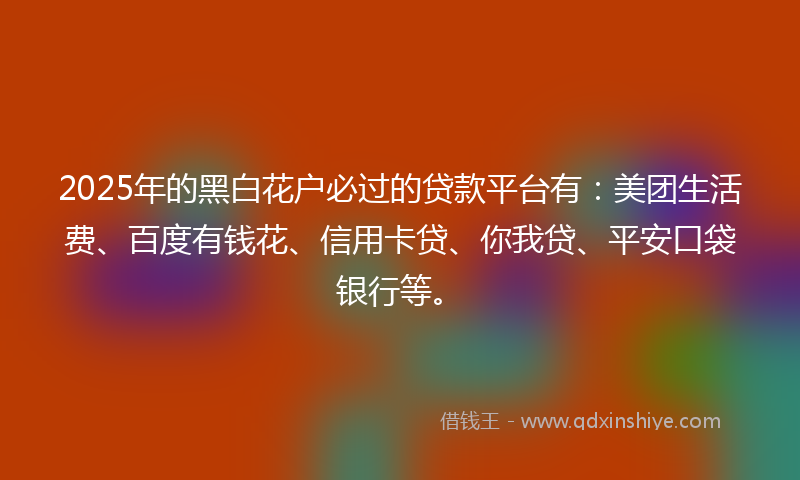 2025年的黑白花户必过的贷款平台有：美团生活费、百度有钱花、信用卡贷、你我贷、平安口袋银行等。