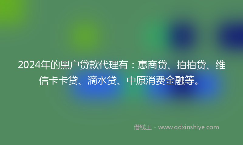 2024年的黑户贷款代理有：惠商贷、拍拍贷、维信卡卡贷、滴水贷、中原消费金融等。