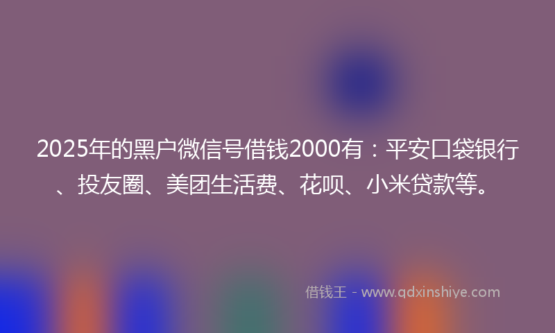 2025年的黑户微信号借钱2000有：平安口袋银行、投友圈、美团生活费、花呗、小米贷款等。