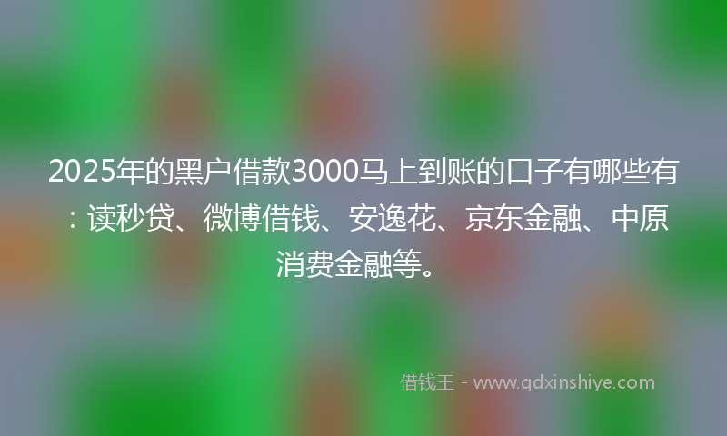 2025年的黑户借款3000马上到账的口子有哪些有：读秒贷、微博借钱、安逸花、京东金融、中原消费金融等。