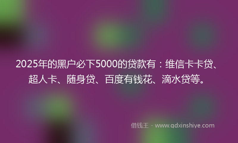 2025年的黑户必下5000的贷款有：维信卡卡贷、超人卡、随身贷、百度有钱花、滴水贷等。