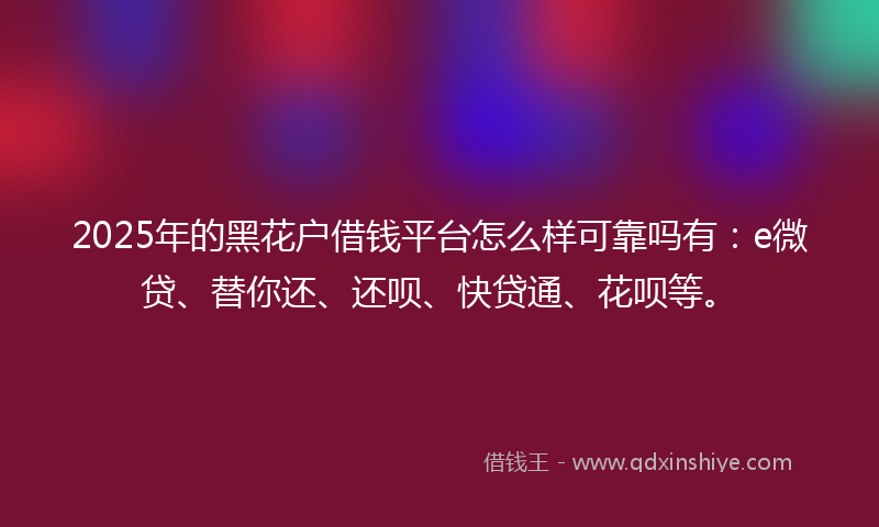 2025年的黑花户借钱平台怎么样可靠吗有：e微贷、替你还、还呗、快贷通、花呗等。