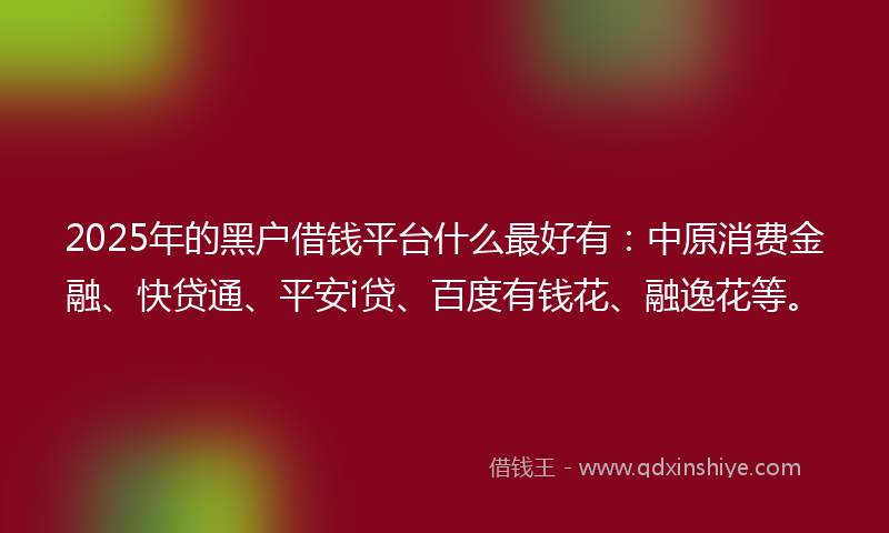 2025年的黑户借钱平台什么最好有：中原消费金融、快贷通、平安i贷、百度有钱花、融逸花等。