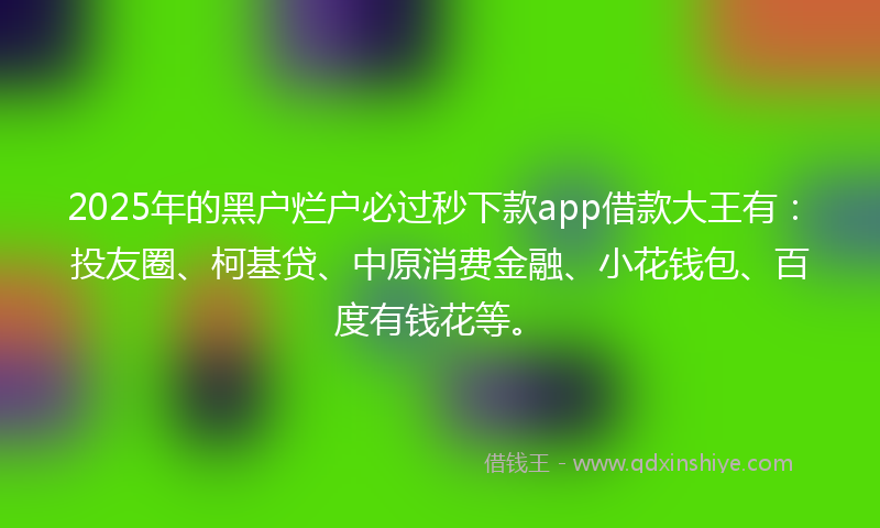 2025年的黑户烂户必过秒下款app借款大王有：投友圈、柯基贷、中原消费金融、小花钱包、百度有钱花等。