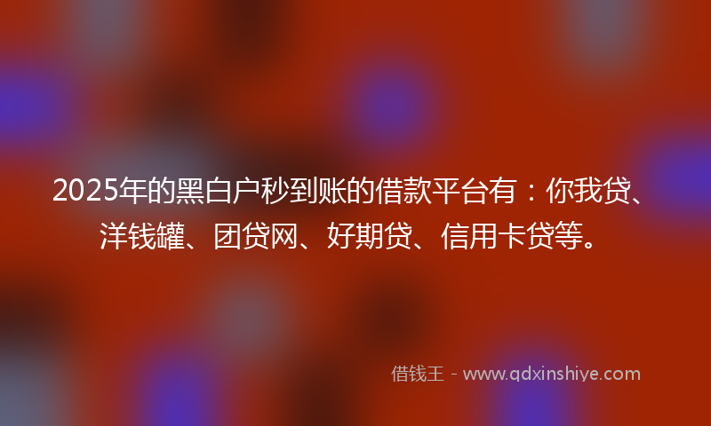2025年的黑白户秒到账的借款平台有：你我贷、洋钱罐、团贷网、好期贷、信用卡贷等。