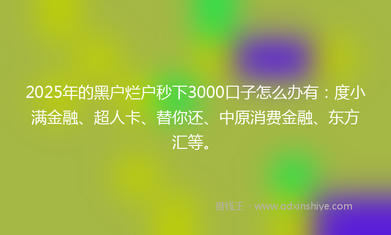 2025年的黑户烂户秒下3000口子怎么办有：度小满金融、超人卡、替你还、中原消费金融、东方汇等。