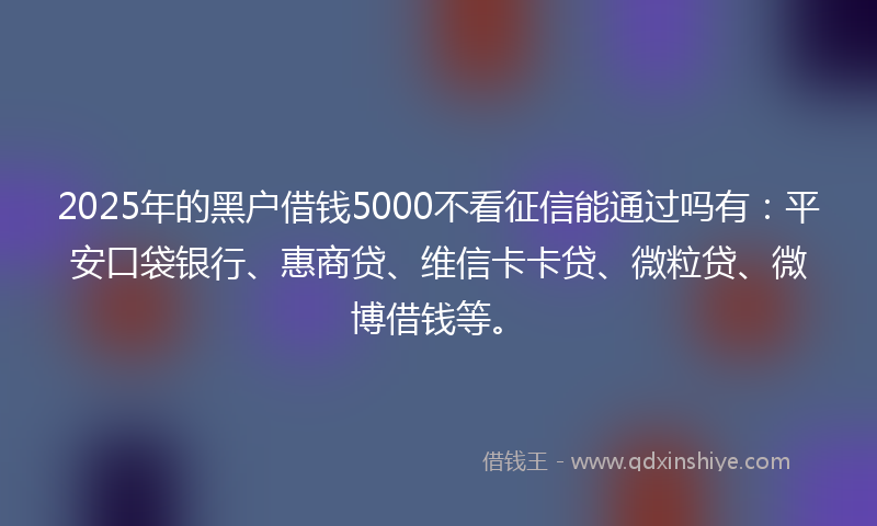 2025年的黑户借钱5000不看征信能通过吗有：平安口袋银行、惠商贷、维信卡卡贷、微粒贷、微博借钱等。