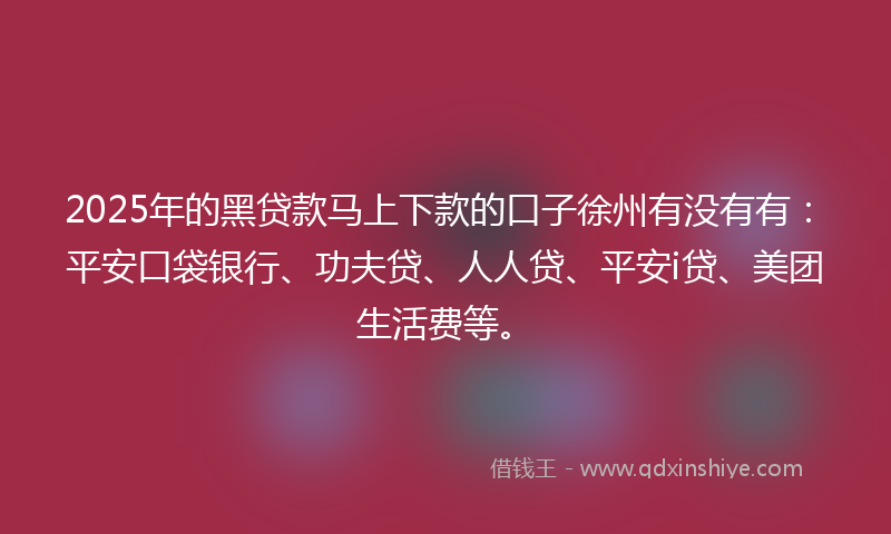 2025年的黑贷款马上下款的口子徐州有没有有：平安口袋银行、功夫贷、人人贷、平安i贷、美团生活费等。