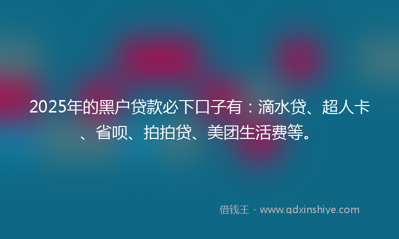 2025年的黑户贷款必下口子有：滴水贷、超人卡、省呗、拍拍贷、美团生活费等。