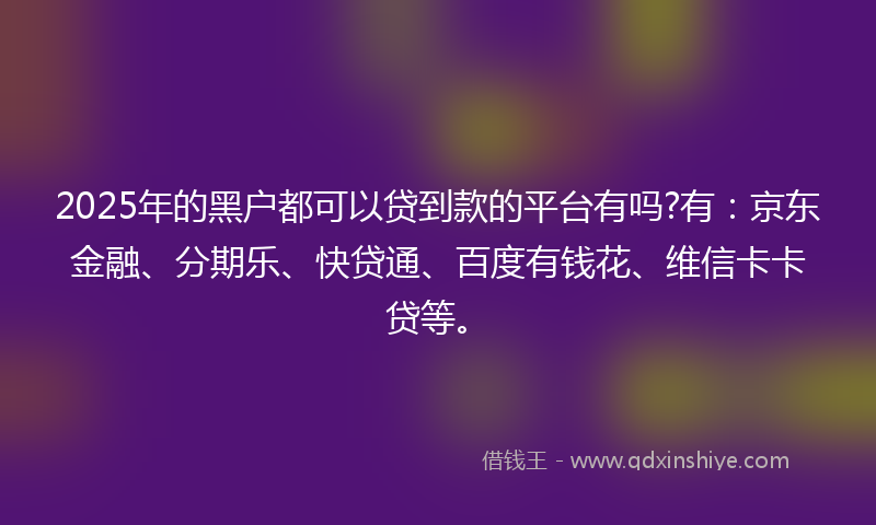 2025年的黑户都可以贷到款的平台有吗?有：京东金融、分期乐、快贷通、百度有钱花、维信卡卡贷等。