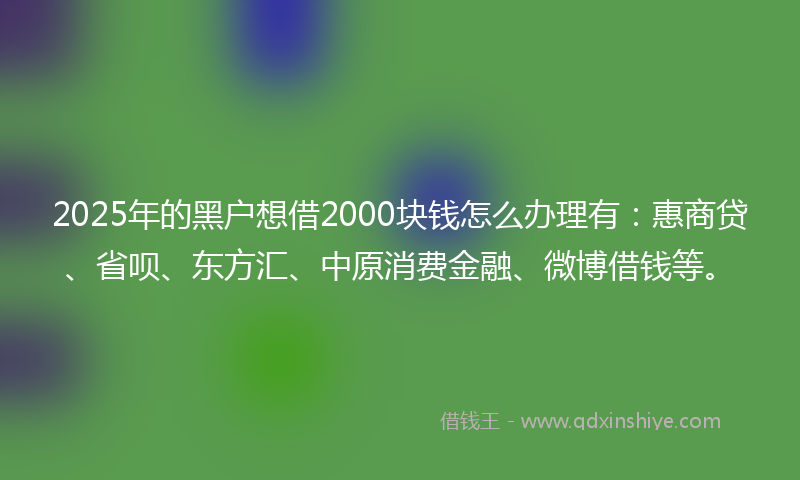 2025年的黑户想借2000块钱怎么办理有：惠商贷、省呗、东方汇、中原消费金融、微博借钱等。
