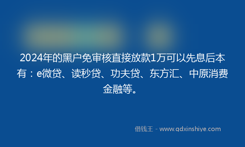 2024年的黑户免审核直接放款1万可以先息后本有：e微贷、读秒贷、功夫贷、东方汇、中原消费金融等。