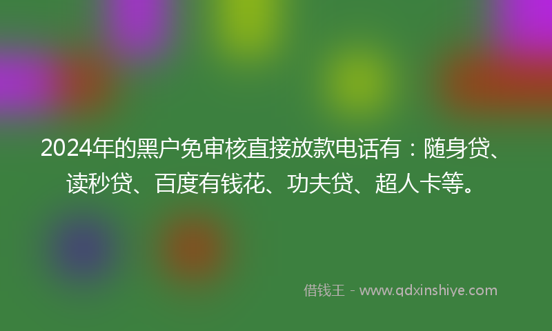2024年的黑户免审核直接放款电话有：随身贷、读秒贷、百度有钱花、功夫贷、超人卡等。