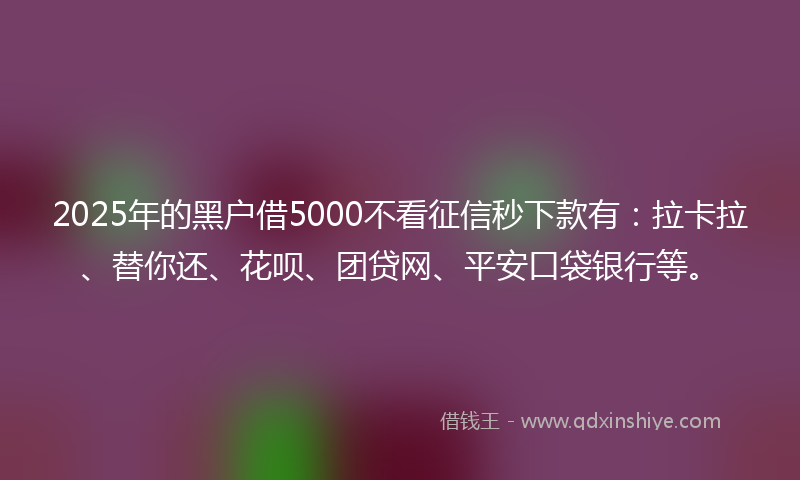 2025年的黑户借5000不看征信秒下款有：拉卡拉、替你还、花呗、团贷网、平安口袋银行等。