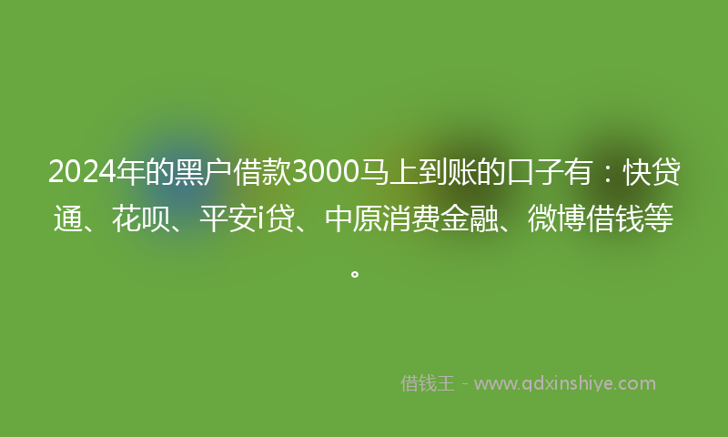 2024年的黑户借款3000马上到账的口子有：快贷通、花呗、平安i贷、中原消费金融、微博借钱等。