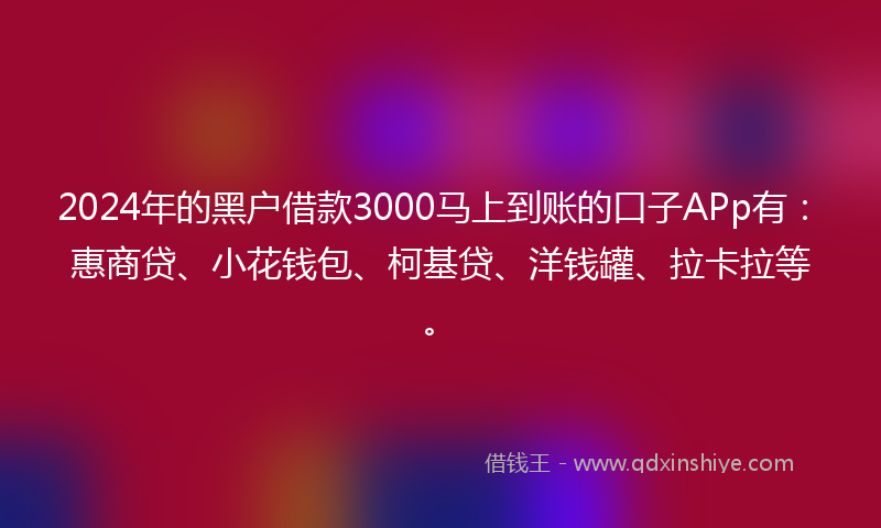 2024年的黑户借款3000马上到账的口子APp有：惠商贷、小花钱包、柯基贷、洋钱罐、拉卡拉等。