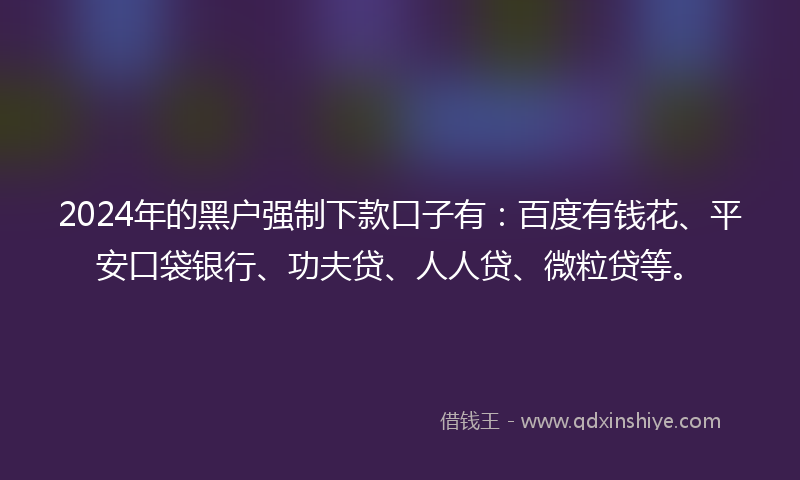 2024年的黑户强制下款口子有：百度有钱花、平安口袋银行、功夫贷、人人贷、微粒贷等。