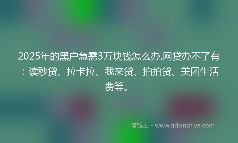 2025年的黑户急需3万块钱怎么办,网贷办不了有：读秒贷、拉卡拉、我来贷、拍拍贷、美团生活费等。