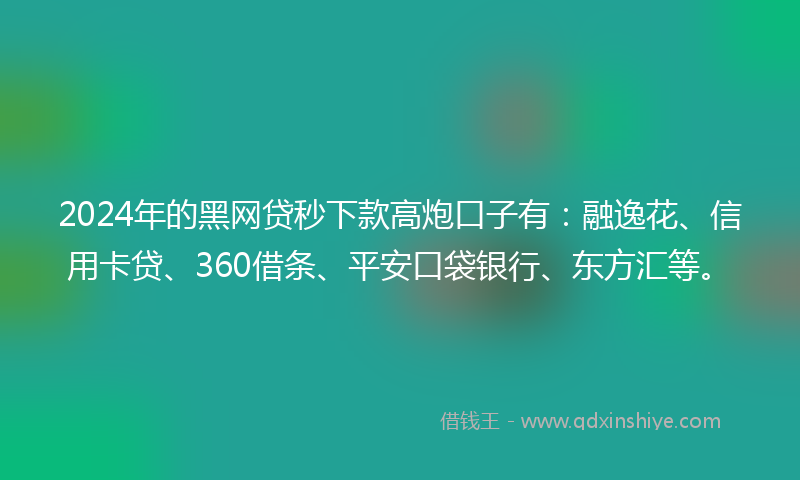 2024年的黑网贷秒下款高炮口子有：融逸花、信用卡贷、360借条、平安口袋银行、东方汇等。