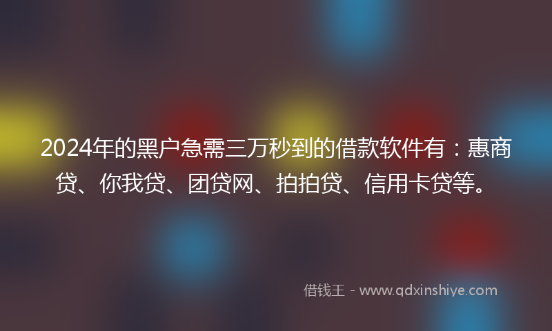 2024年的黑户急需三万秒到的借款软件有：惠商贷、你我贷、团贷网、拍拍贷、信用卡贷等。