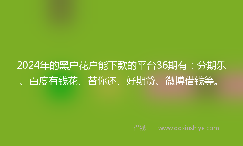 2024年的黑户花户能下款的平台36期有：分期乐、百度有钱花、替你还、好期贷、微博借钱等。