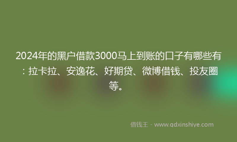 2024年的黑户借款3000马上到账的口子有哪些有：拉卡拉、安逸花、好期贷、微博借钱、投友圈等。