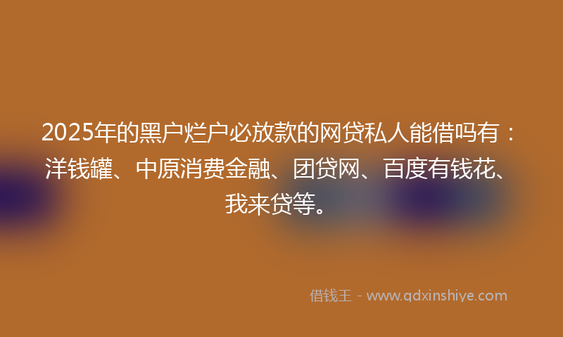 2025年的黑户烂户必放款的网贷私人能借吗有：洋钱罐、中原消费金融、团贷网、百度有钱花、我来贷等。