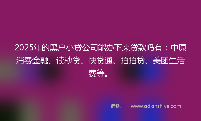 2025年的黑户小贷公司能办下来贷款吗有：中原消费金融、读秒贷、快贷通、拍拍贷、美团生活费等。