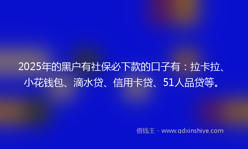 2025年的黑户有社保必下款的口子有：拉卡拉、小花钱包、滴水贷、信用卡贷、51人品贷等。