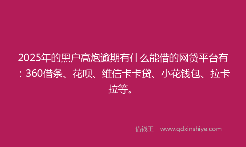 2025年的黑户高炮逾期有什么能借的网贷平台有：360借条、花呗、维信卡卡贷、小花钱包、拉卡拉等。