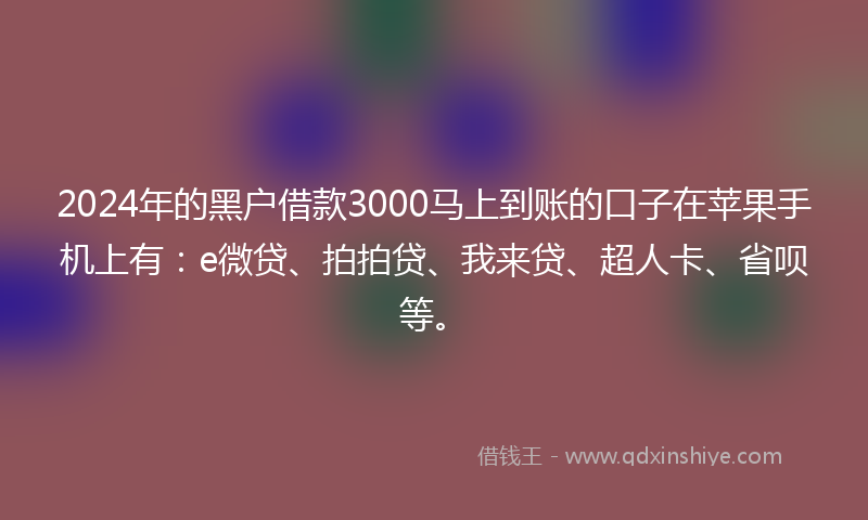 2024年的黑户借款3000马上到账的口子在苹果手机上有：e微贷、拍拍贷、我来贷、超人卡、省呗等。
