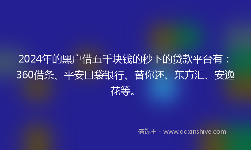 2024年的黑户借五千块钱的秒下的贷款平台有：360借条、平安口袋银行、替你还、东方汇、安逸花等。