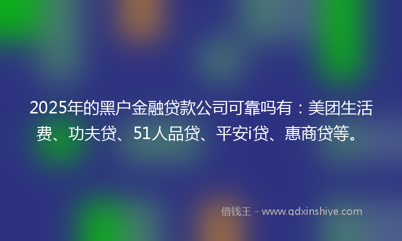 2025年的黑户金融贷款公司可靠吗有：美团生活费、功夫贷、51人品贷、平安i贷、惠商贷等。