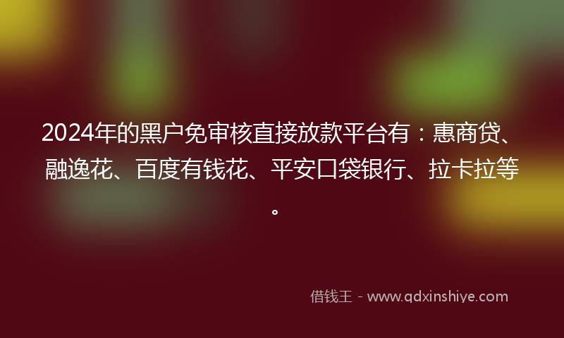 2024年的黑户免审核直接放款平台有:惠商贷、融逸花、百度有钱花、平安口袋银行、拉卡拉等。