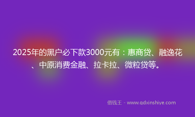 2025年的黑户必下款3000元有：惠商贷、融逸花、中原消费金融、拉卡拉、微粒贷等。