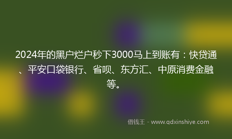 2024年的黑户烂户秒下3000马上到账有：快贷通、平安口袋银行、省呗、东方汇、中原消费金融等。