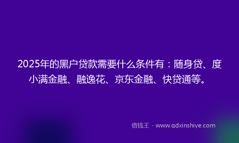 2025年的黑户贷款需要什么条件有：随身贷、度小满金融、融逸花、京东金融、快贷通等。