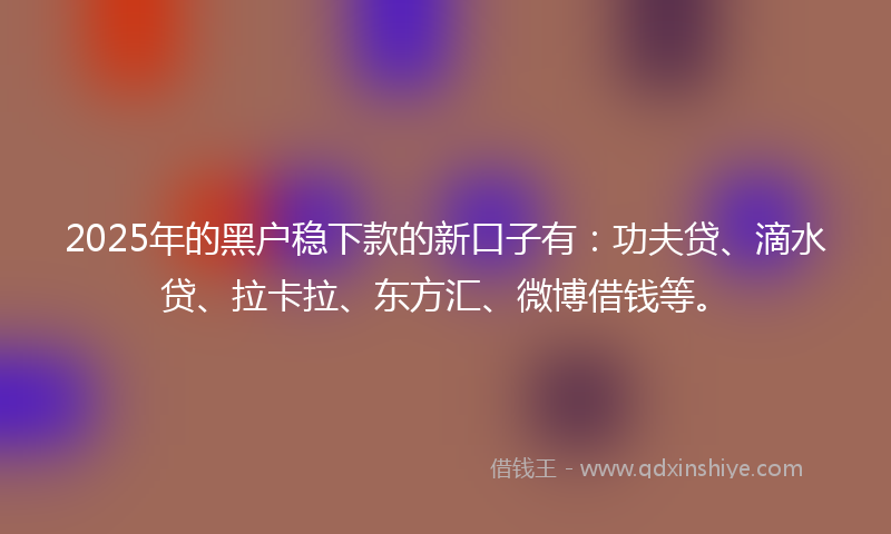 2025年的黑户稳下款的新口子有：功夫贷、滴水贷、拉卡拉、东方汇、微博借钱等。