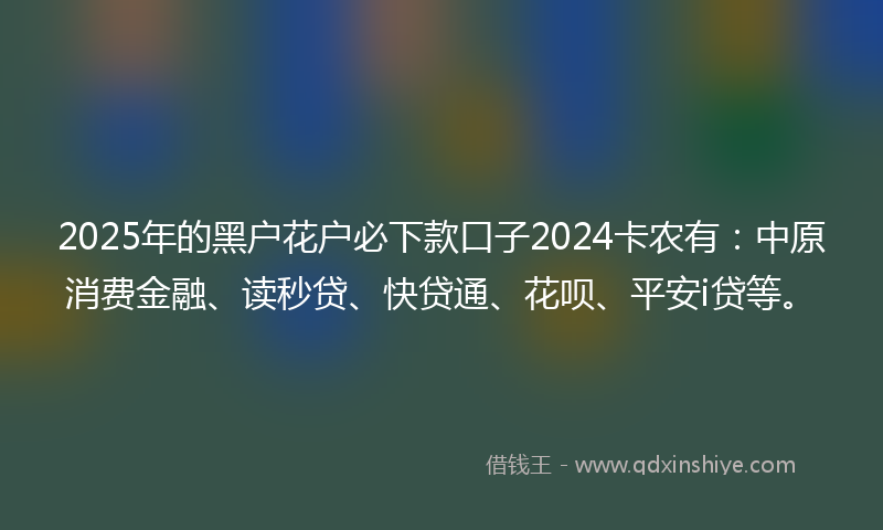 2025年的黑户花户必下款口子2024卡农有：中原消费金融、读秒贷、快贷通、花呗、平安i贷等。