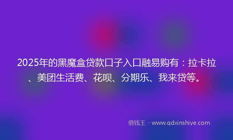 2025年的黑魔盒贷款口子入口融易购有：拉卡拉、美团生活费、花呗、分期乐、我来贷等。