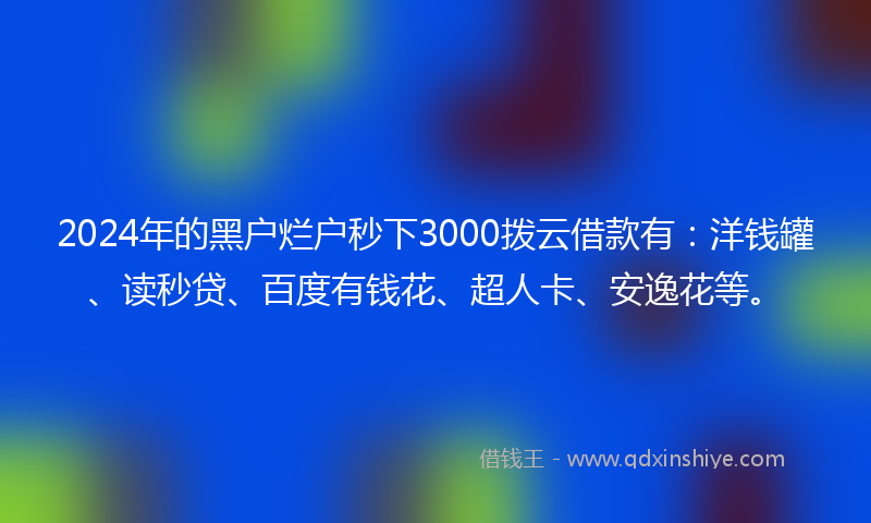 2024年的黑户烂户秒下3000拨云借款有：洋钱罐、读秒贷、百度有钱花、超人卡、安逸花等。