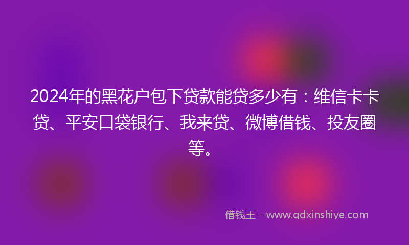 2024年的黑花户包下贷款能贷多少有：维信卡卡贷、平安口袋银行、我来贷、微博借钱、投友圈等。