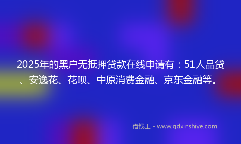 2025年的黑户无抵押贷款在线申请有：51人品贷、安逸花、花呗、中原消费金融、京东金融等。