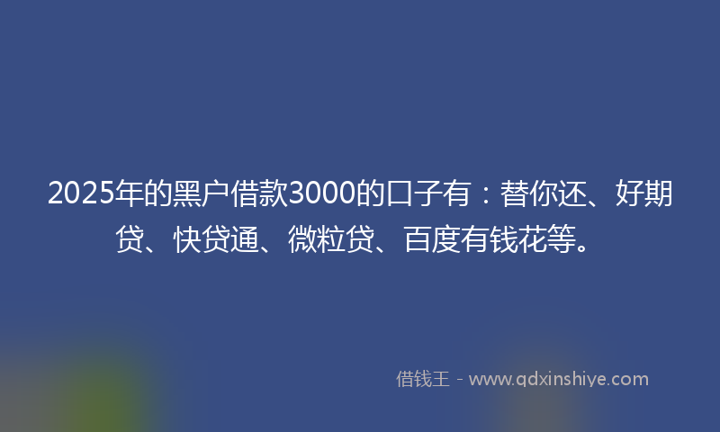 2025年的黑户借款3000的口子有：替你还、好期贷、快贷通、微粒贷、百度有钱花等。