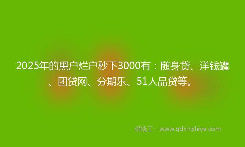 2025年的黑户烂户秒下3000有：随身贷、洋钱罐、团贷网、分期乐、51人品贷等。