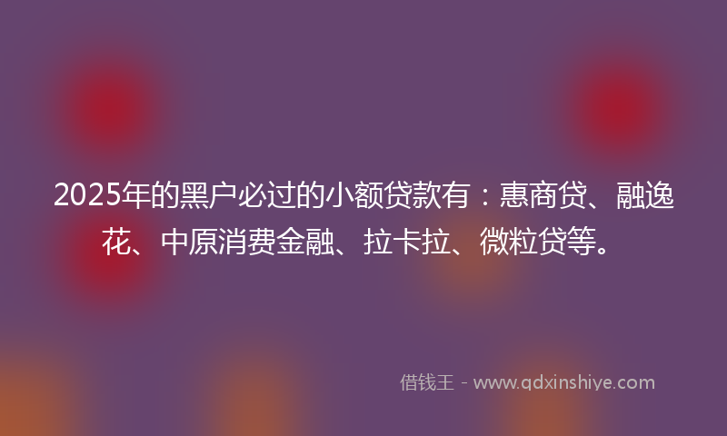 2025年的黑户必过的小额贷款有：惠商贷、融逸花、中原消费金融、拉卡拉、微粒贷等。