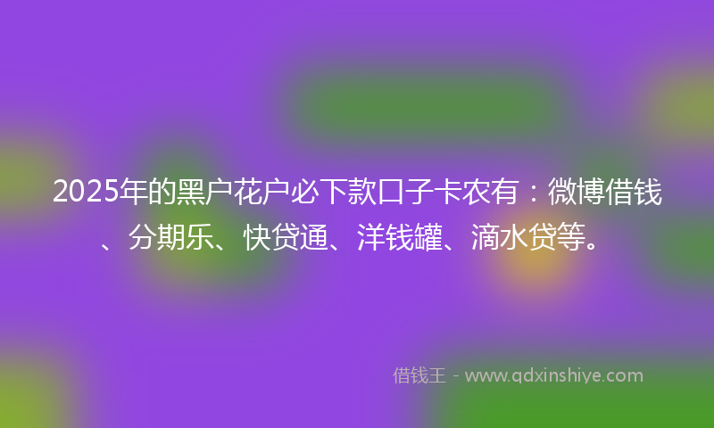 2025年的黑户花户必下款口子卡农有：微博借钱、分期乐、快贷通、洋钱罐、滴水贷等。