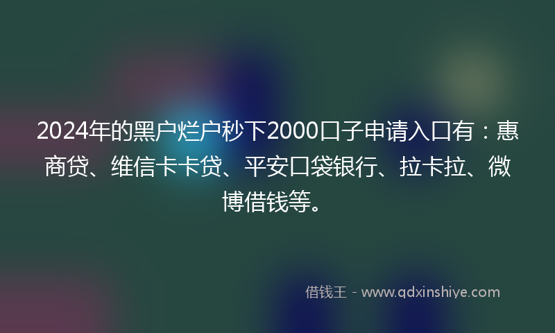 2024年的黑户烂户秒下2000口子申请入口有：惠商贷、维信卡卡贷、平安口袋银行、拉卡拉、微博借钱等。