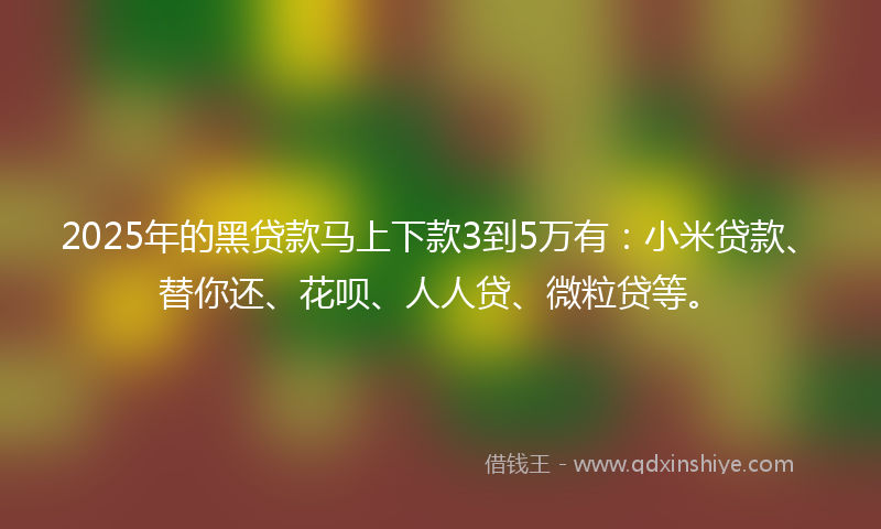 2025年的黑贷款马上下款3到5万有：小米贷款、替你还、花呗、人人贷、微粒贷等。